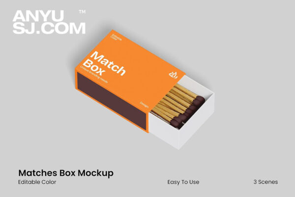 3款极简火柴盒纸盒包装盒PSD样机Matches Box Mockup