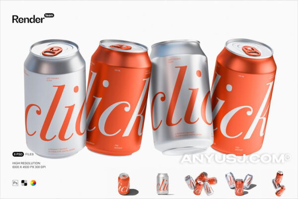 6款质感极简金属汽水罐易拉罐可乐罐苏打水包装设计展示PSD样机Metal Soda Can Mockup-第6728期-