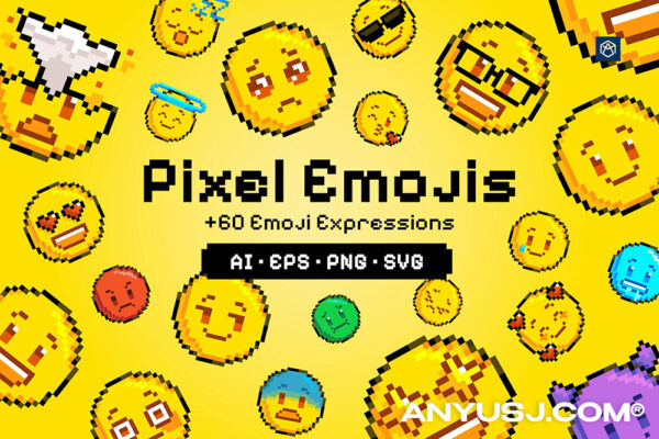 60+趣味卡通像素表情包emoji插画插图AI矢量图形PNG免扣设计套装Pixel Emojis Element Pack 005