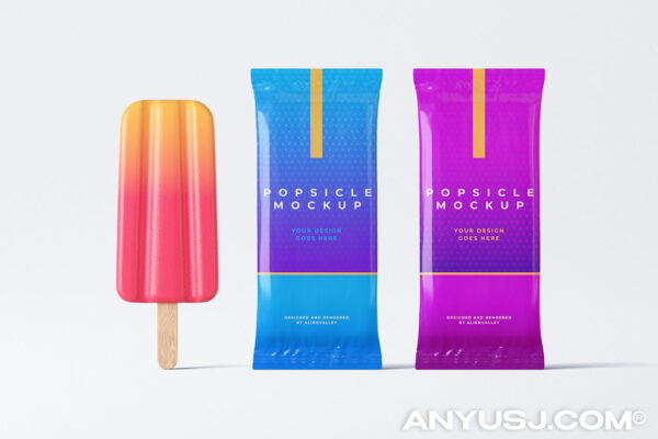 极简冰淇淋雪糕冰棍冰棒外包装塑料袋设计展示PSD样机Popsicle Ice Cream Mockup