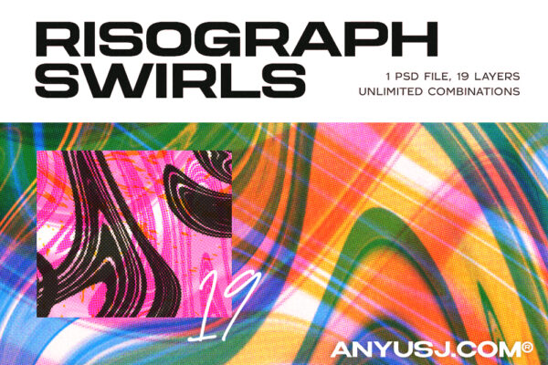 19款复古抽象艺术半调丝网印刷流体液体液化涂鸦旋涡背景肌理叠加图片设计套装Risograph Swirls