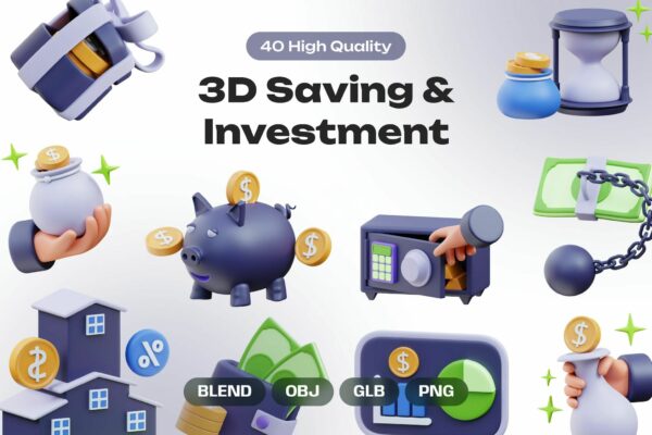 40款3D趣味投资与储蓄金融财务银行业务资产积累icon图标插画PNG免扣图形Blender模型套装Saving & Investment 3D Icons