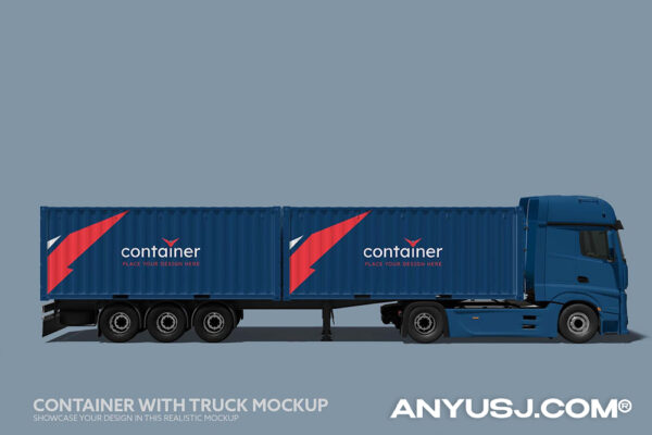 2款大型卡车货车集装箱海运箱物流运输PSD样机Shipping Container Mockup with Truck