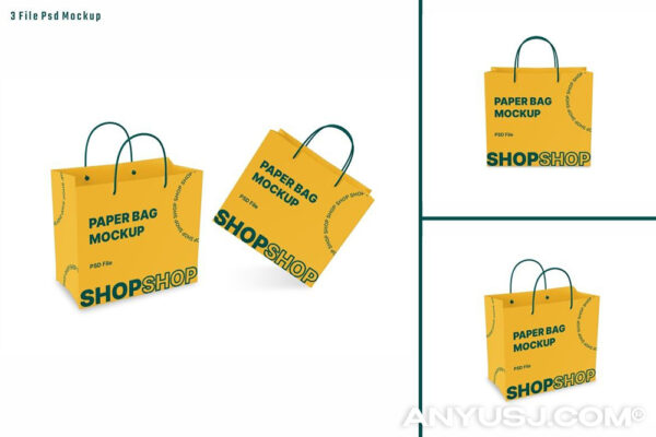 3款极简购物袋纸袋手提袋包装袋礼品袋PSD样机Shopping Bag Mockup