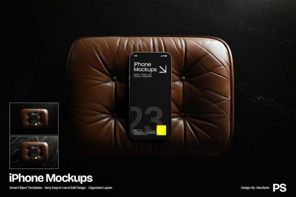 2款极简IPhone智能手机沙发皮质背景UI设计展示PSD样机Smartphone Mockup