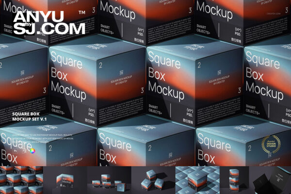 7款质感正方形纸盒包装盒礼盒盲盒潮玩包装盒子PSD设计展示作品集样机Square Box Mockup Set v.1-第6876期-