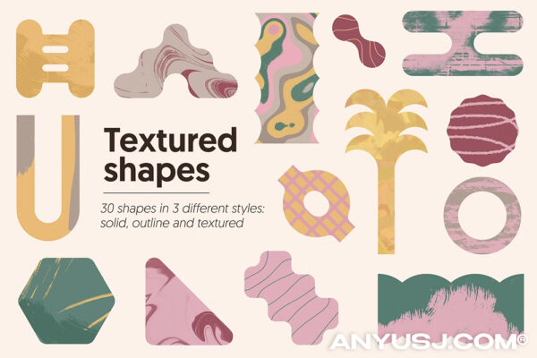 60款现代抽象几何优雅纹理AI矢量图形印花插画插图形状设计套装Textured Shapes-第6754期-