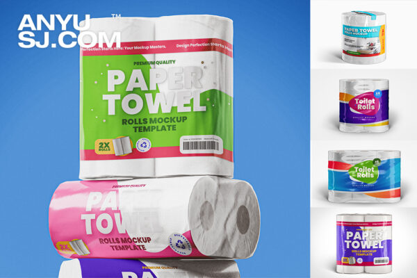 5款厕所卫生间卷纸卫生纸透明塑料包装袋设计展示PSD样机Toilet Paper Rolls Packaging Mockup Template