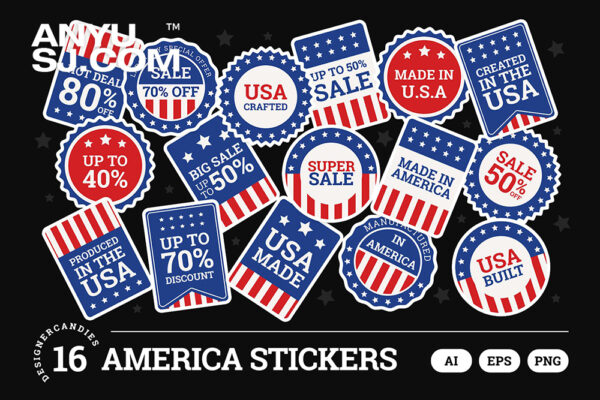 16款美国风促销包装贴纸logo徽标AI矢量设计套装USA American Stickers