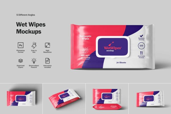 5款质感湿纸巾湿巾塑料包装袋设计展示PSD样机Wet Wipes Mockups
