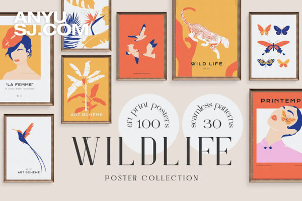 100款优雅自然野生植物动物海洋生物女性剪影AI矢量手绘插画插图海报无缝图案设计套装Wildlife Prints Posters-第6941期-