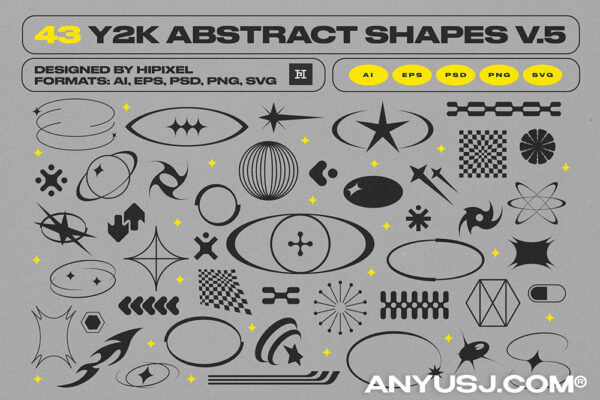 43款复古Y2K抽象艺术几何logo徽标图标AI矢量图形PNG免扣设计套装Y2K Abstract Retro Shapes V.5
