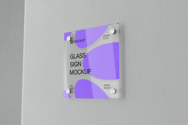 现代极简墙面方形透明玻璃导视指示牌标志广告牌PSD样机Square Glass Sign Mockup