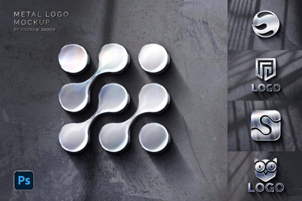 现代工业风水泥墙壁3D金属镀铬logo徽标标志设计展示PSD特效样机Metal Wall Logo Mockup