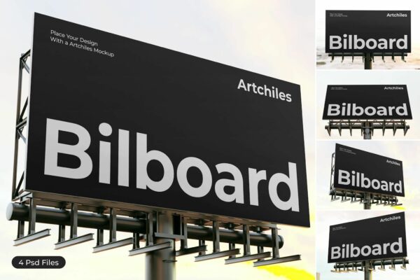 4款极简户外高炮巨幅公路广告牌横幅海报设计展示PSD样机Billboard Mockup