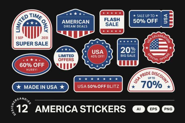 12款美式复古logo徽标徽章贴纸AI矢量设计源文件American Vector Stickers