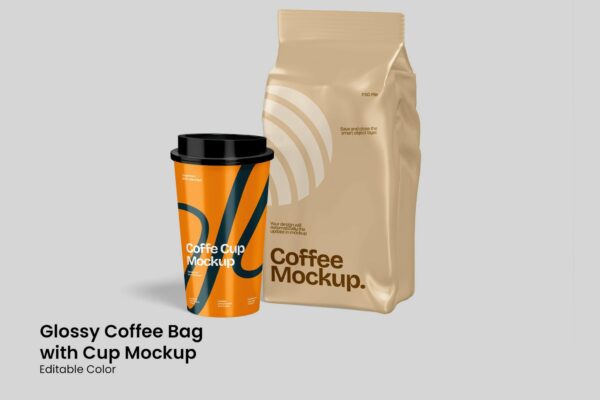 极简质感光面咖啡杯纸杯纸袋塑料袋包装设计展示PSD样机Glossy Coffee Bag with Cup Mockup