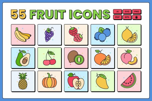 55款趣味手绘卡通水果插画插图icon图标AI矢量图形设计套装55 Fruit Produce Icons