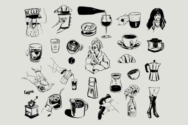 27款复古精致优雅水墨手绘咖啡饮料食物女孩AI矢量插画插图设计套装27 Aesthetic Drink & Food Illustrations