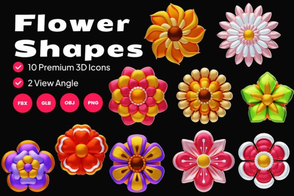 10款3D立体金属花朵花卉PNG免扣插画模型设计套装Flower Shapes 3D Icon 02