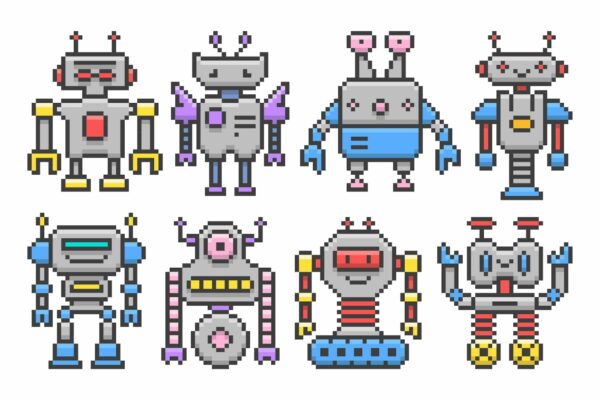 8款复古趣味卡通像素艺术卡通机器人AI矢量插画插图PNG免扣元素Pixel Art Cartoon Robots Set