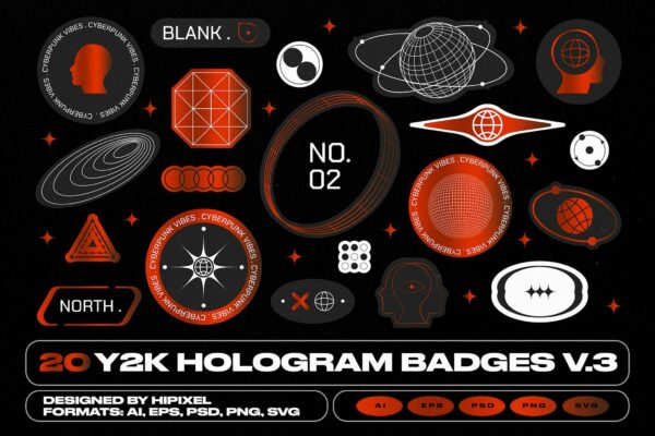 20款复古科技未来Y2K几何抽象全息艺术徽标贴纸徽章AI矢量logo设计套装Y2K Hologram Badge Stickers V.3