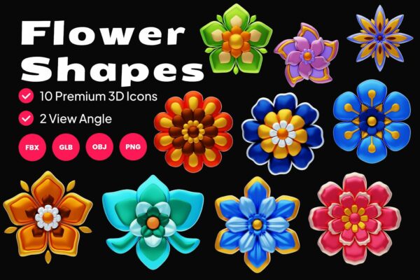 10款3D立体金属花朵花卉PNG免扣插画模型设计套装Flower Shapes 3D Icon 02