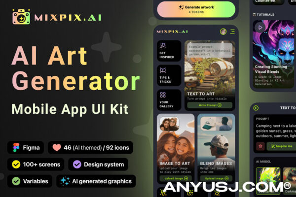 100+现代AI人工智能图片设计生成器APP移动应用小程序页面组件UI设计套件UI KIT | AI Art Generator App – bento & glassmorphism style