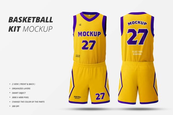 极简篮球球衣运动服队服背心短裤服装印花设计展示套装Basketball Kit Mockup