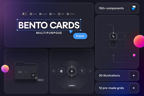 30页现代极简Framer网站网页APP移动应用卡片UI组件设计套装Bento Cards for Framer-第7056期-