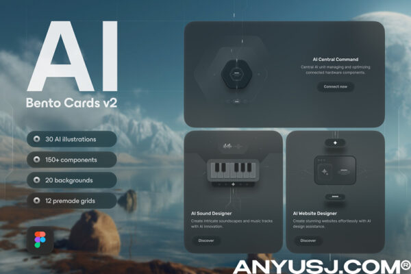 现代极简AI人工智能ChatGPT网站网页页面布局卡片APP移动应用UI设计套件Bento Cards v2 AI-第7008期-