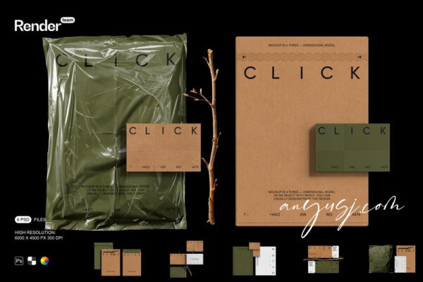 6款质感植物自然品牌VI包装塑料袋纸袋包裹名片卡片文件信封优惠券门票PSD样机套装Brand Identity Mockup Set-第7191期-