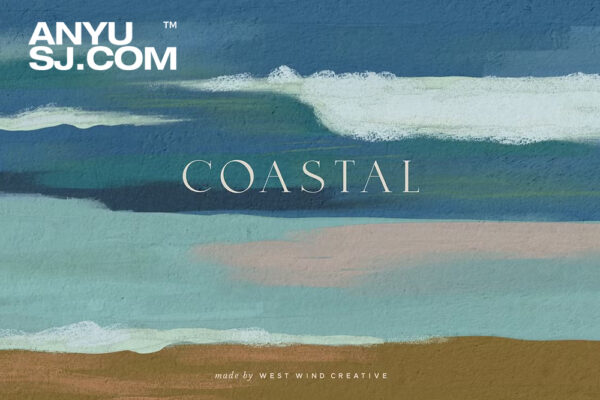 29款现代水粉手绘抽象艺术海浪海岸海滩天空背景纹理肌理PNG图片设计套装Coastal – Gouache Seascapes-第6996期-
