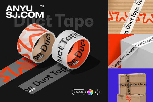 4款极简高质量品牌VI透明塑料胶带打包带纸盒快递盒包装印花设计展示PSD样机Duct Tape & Box Mockups