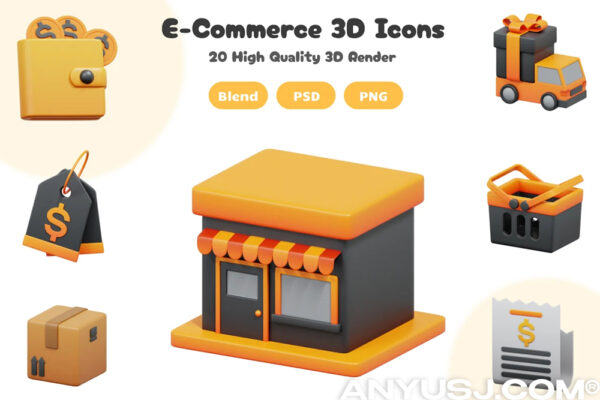 20款3D立体电子商务在线购物电商设计物流优惠券打折PNG免扣插画icon图标插图 Blender模型设计套装E-Commerce 3D Icon