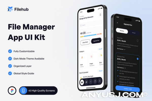 43页现代极简精致文件管理器APP移动应用小程序UI设计套件Filehub – File Manager Mobile App