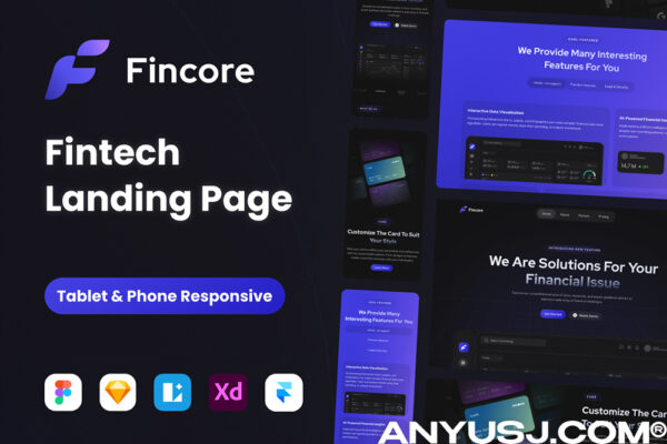 现代极简金融科技服务网站网页登录页面APP移动应用小程序布局组件UI设计套件Fincore – Landing Page Kit Template for Fintech