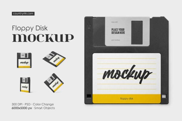 4款现代极简电脑存储盘软盘外观设计展示PSD样机Floppy Disk Mockup Set