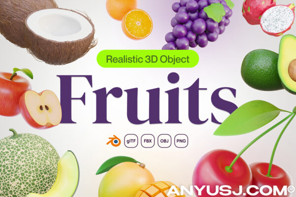 20款趣味卡通3D半写实水果西瓜樱桃牛油果菠萝PNG免扣插画插图icon图标Blender模型设计套装Fruity – Fruit 3D Icon Set -第7059期-