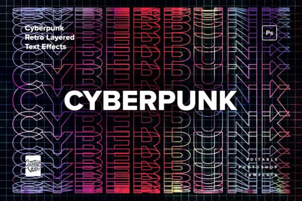 科技未来赛博朋克复古颗粒分层标题logo设计展示PSD特效样机Cyberpunk Retro Layered Text Effects