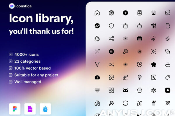 4110款现代极简多类别多风格UI网站页面Icon图标logo徽标Figma/SVG矢量设计套装Iconstica Icon Pack – 4000+ Icons Set-第7086期-