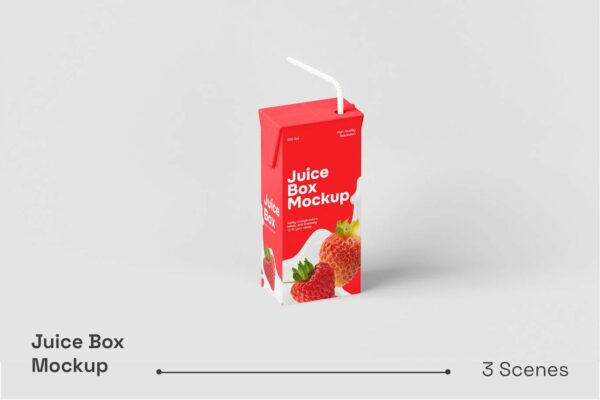 3款极简果汁牛奶饮料环保纸质包装盒吸管盒纸盒PSD样机Juice Box Mockup