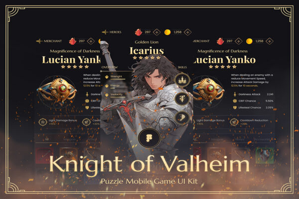 复古中世纪英灵神殿骑士APP移动手游UI界面布局排版小程序益智游戏Figam设计套件Knight of Valheim GUI Kit-第7060期-