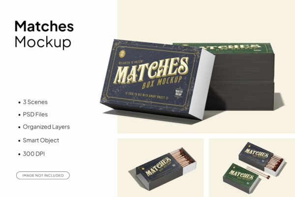 3款极简火柴盒纸盒包装盒抽屉盒包装设计展示PSD样机Matches Mockup