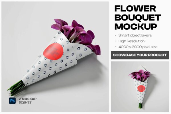 2款极简手拿花束花朵花卉礼物包装纸印花设计展示PSD样机Paper Flower Bouquet Mockup