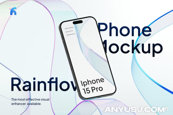3款现代极简主义玻璃飘带IPhone 15 Pro手机UI屏幕界面APP设计展示PSD样机Rainflow – iPhone 15 Pro Minimalism Mockups