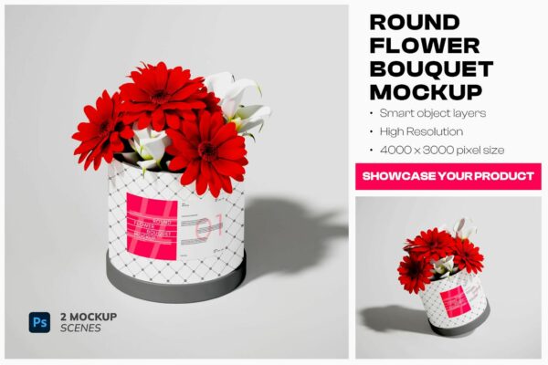 2款极简圆形桶装手拿花束花朵花卉礼物包装设计展示PSD样机Round Flower Bouquet Mockup