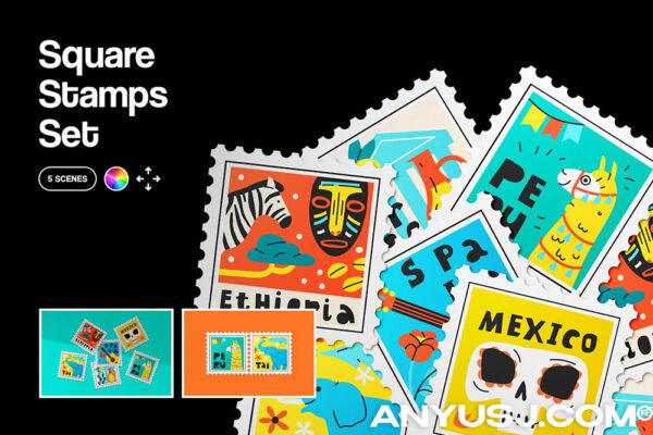 5款极简质感方形邮票插画logo印章平铺设计展示PSD样机Square Stamps Mockup Set