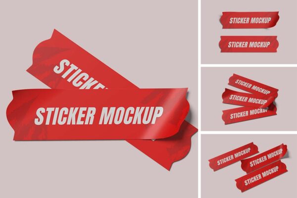 4款极简长方形塑料贴纸胶带PSD样机Sticker Mockup