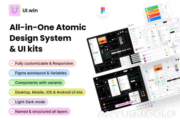 现代极简明暗双色调多用途网站网页APP移动应用小程序UI设计系统套件UI-win All-in-One Atomic Design System & UI kits-第6979期-
